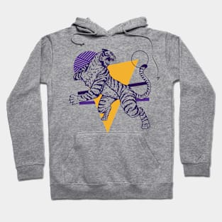 Retro Purple & Gold Tiger on the Attack // Vintage Geometric Shapes Background Hoodie